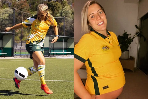 Yellow and green soccer uniform worn by Pro Footballer Katrina Gorry for active play and maternity.