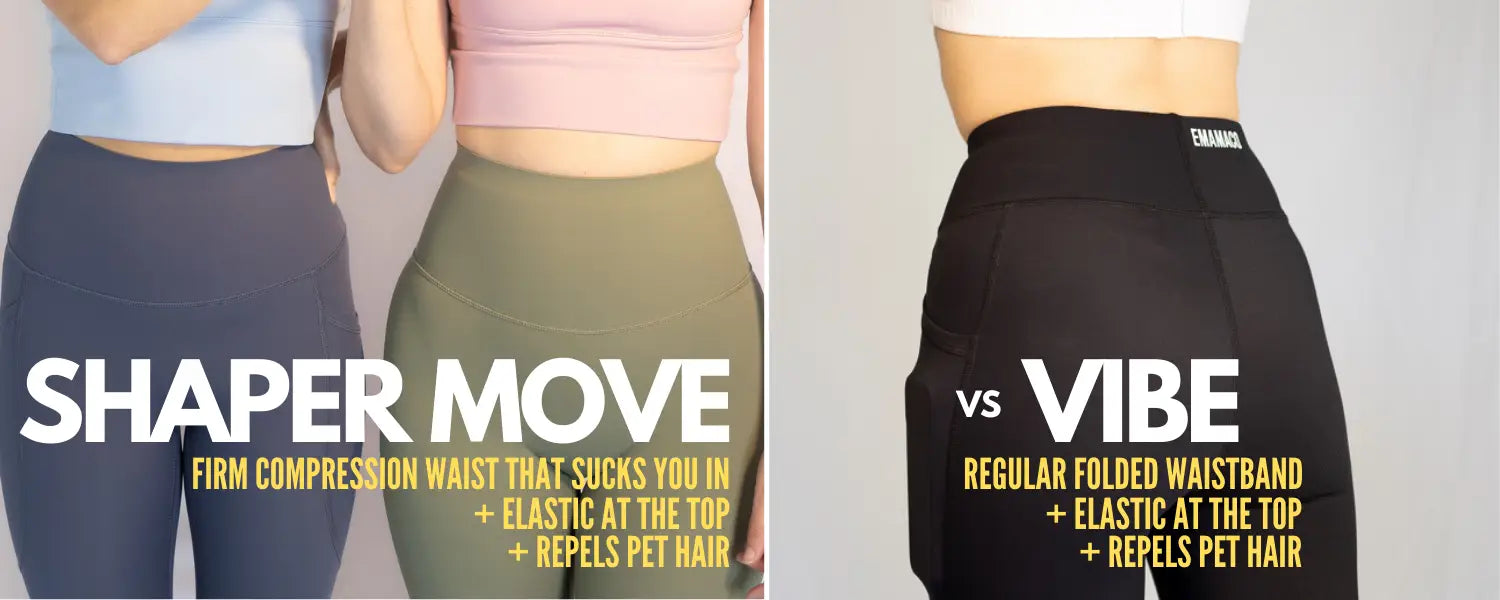 Comparison of Shaper Move and Vibe sports leggings in various colors and styles.
