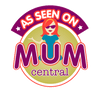 Pink and purple circular logo with MUM text highlighting best postpartum products.